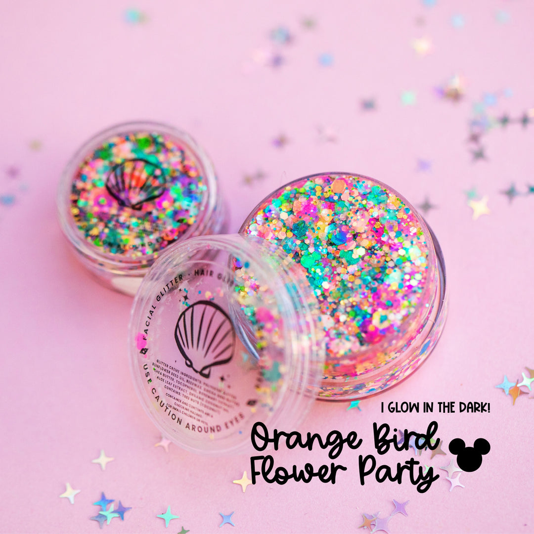 Glittery containers with colorful confetti on a pink background with 'Orange Bird Flower Party' text.