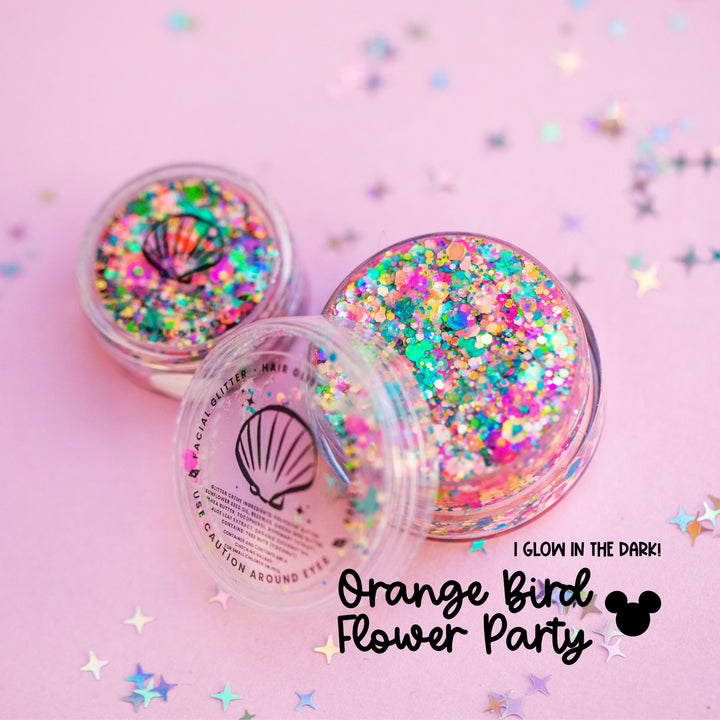 Glittery containers with colorful confetti on a pink background with 'Orange Bird Flower Party' text.