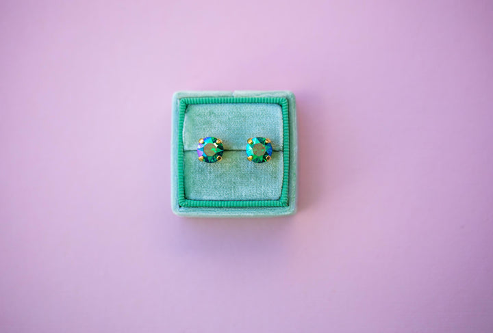 Green Stud Earrings -8mm- choose crystal color and setting color