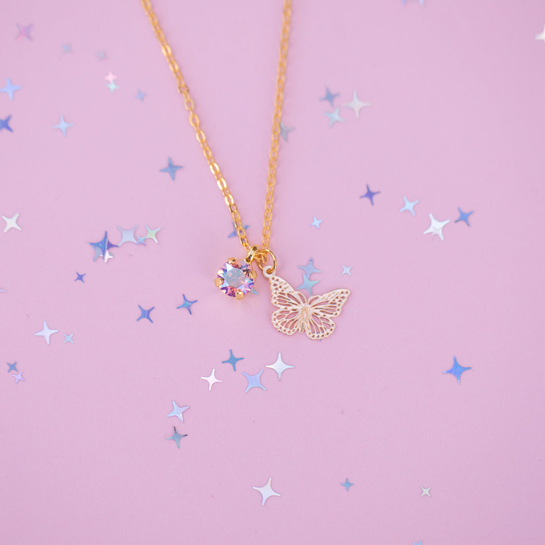 Butterfly Charm Necklace with 6mm Light Pink Shimmer Crystal -select color setting