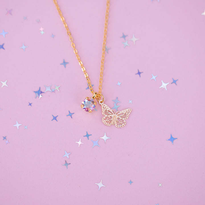 Butterfly Charm Necklace with 6mm Light Pink Shimmer Crystal -select color setting