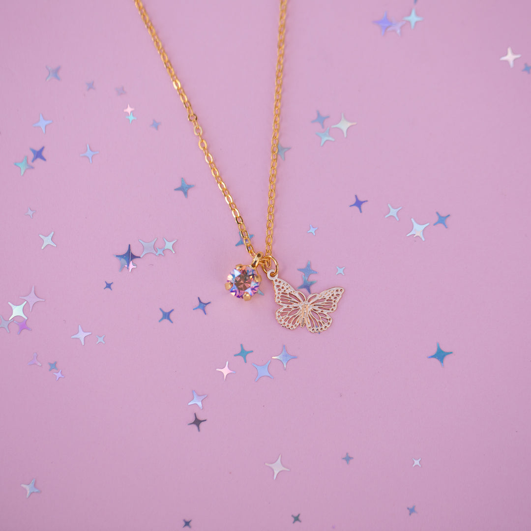 Butterfly Charm Necklace with 6mm Light Pink Shimmer Crystal -select color setting