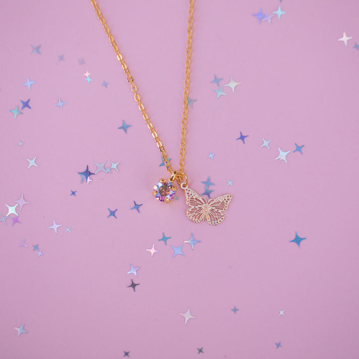 Butterfly Charm Necklace with 6mm Light Pink Shimmer Crystal -select color setting