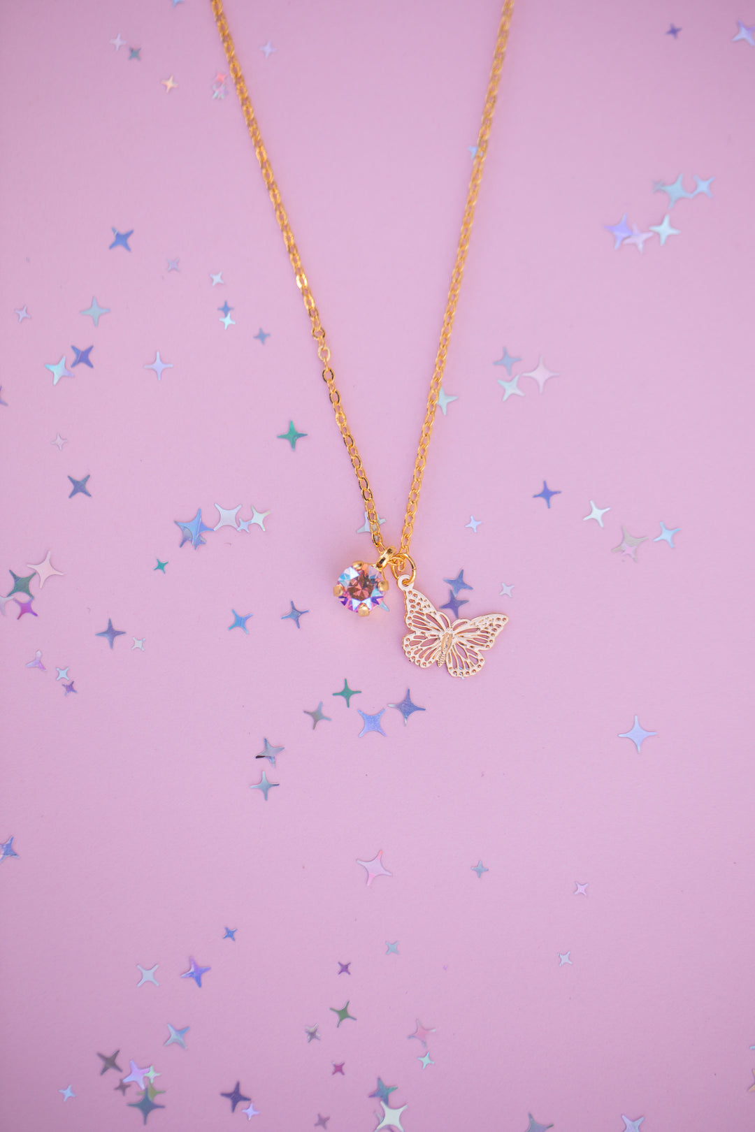 Butterfly Charm Necklace with 6mm Light Pink Shimmer Crystal -select color setting