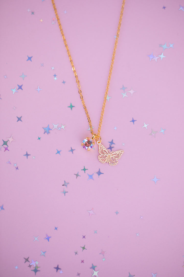 Butterfly Charm Necklace with 6mm Light Pink Shimmer Crystal -select color setting