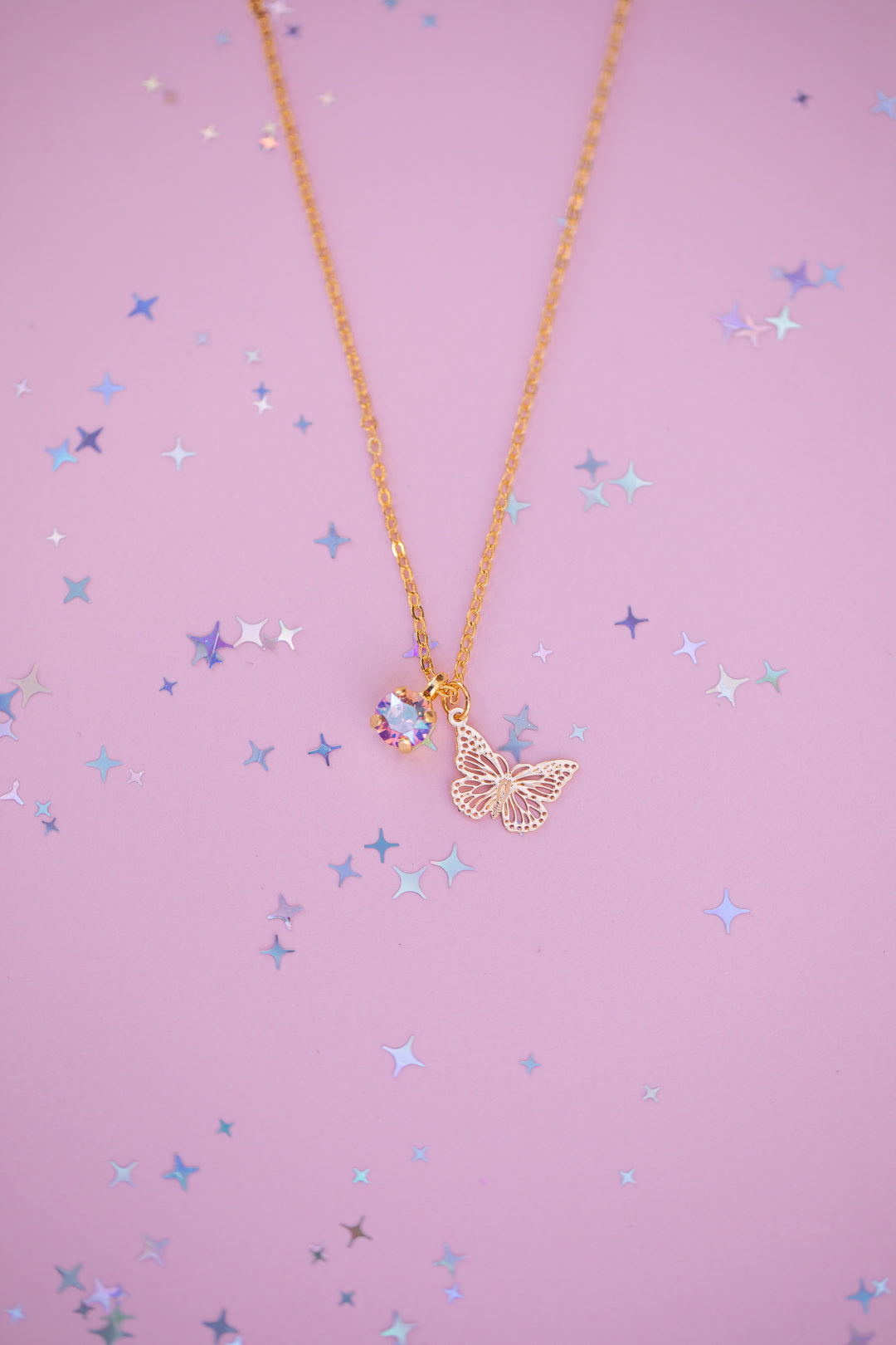 Butterfly Charm Necklace with 6mm Light Pink Shimmer Crystal -select color setting