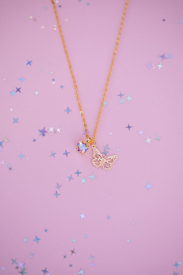 Butterfly Charm Necklace with 6mm Light Pink Shimmer Crystal -select color setting