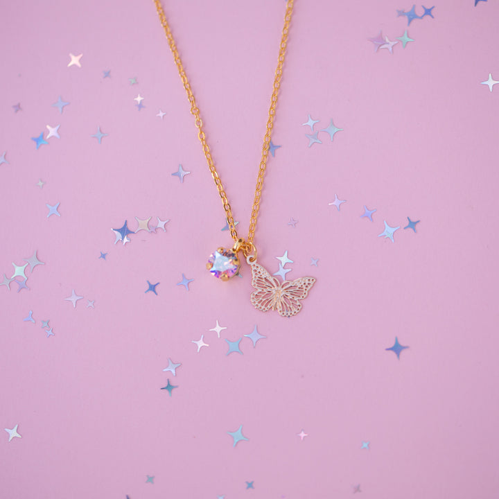 Butterfly Charm Necklace with 6mm Light Pink Shimmer Crystal -select color setting
