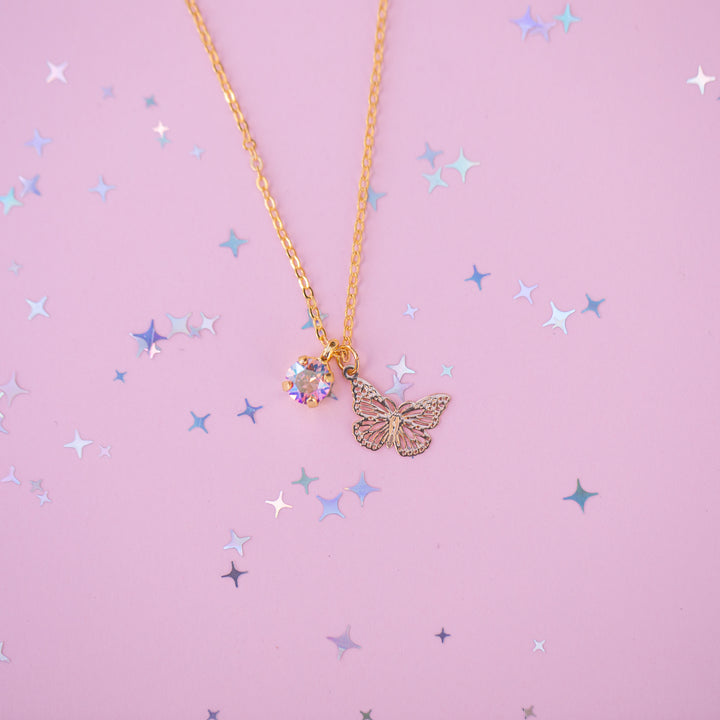 Butterfly Charm Necklace with 6mm Light Pink Shimmer Crystal -select color setting
