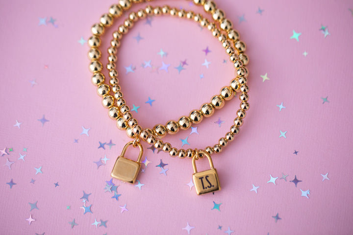 Lock Charm Stretch Beaded Bracelet - Choose setting Color (Life of a Showgirl)