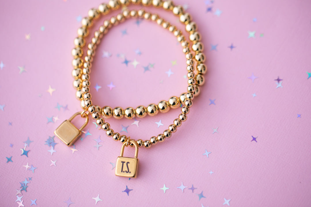Lock Charm Stretch Beaded Bracelet - Choose setting Color (Life of a Showgirl)