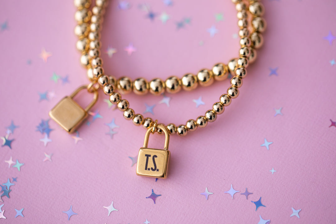 Lock Charm Stretch Beaded Bracelet - Choose setting Color (Life of a Showgirl)