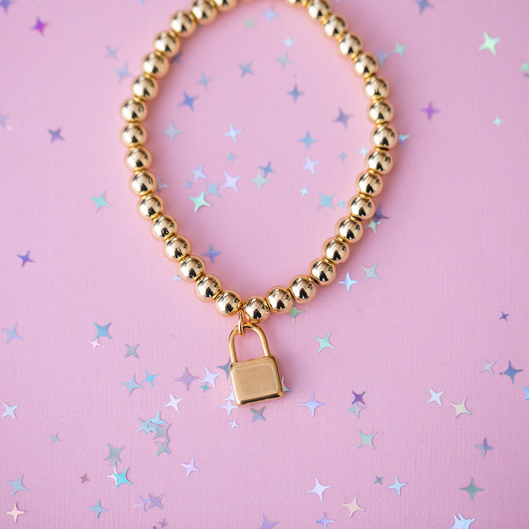 Lock Charm Stretch Beaded Bracelet - Choose setting Color (Life of a Showgirl)