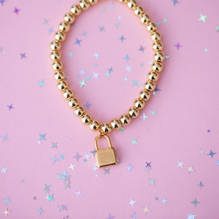 Lock Charm Stretch Beaded Bracelet - Choose setting Color (Life of a Showgirl)