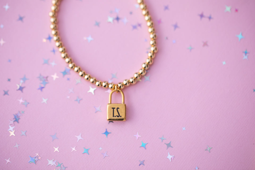 Lock Charm Stretch Beaded Bracelet - Choose setting Color (Life of a Showgirl)