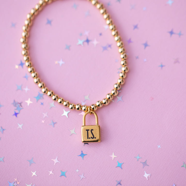 Lock Charm Stretch Beaded Bracelet - Choose setting Color (Life of a Showgirl)
