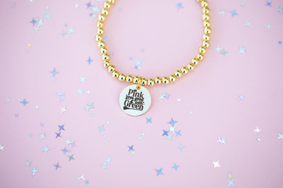 Round Charm Stretch Beaded Bracelet - Choose setting Color (Pink Goes Good with Green)