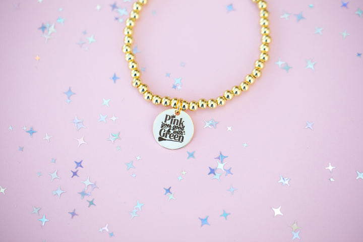 Round Charm Stretch Beaded Bracelet - Choose setting Color (Pink Goes Good with Green)