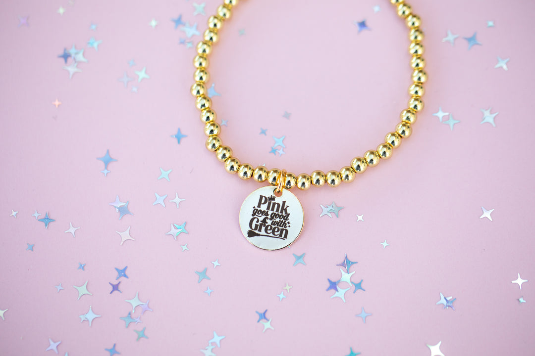 Round Charm Stretch Beaded Bracelet - Choose setting Color (Pink Goes Good with Green)