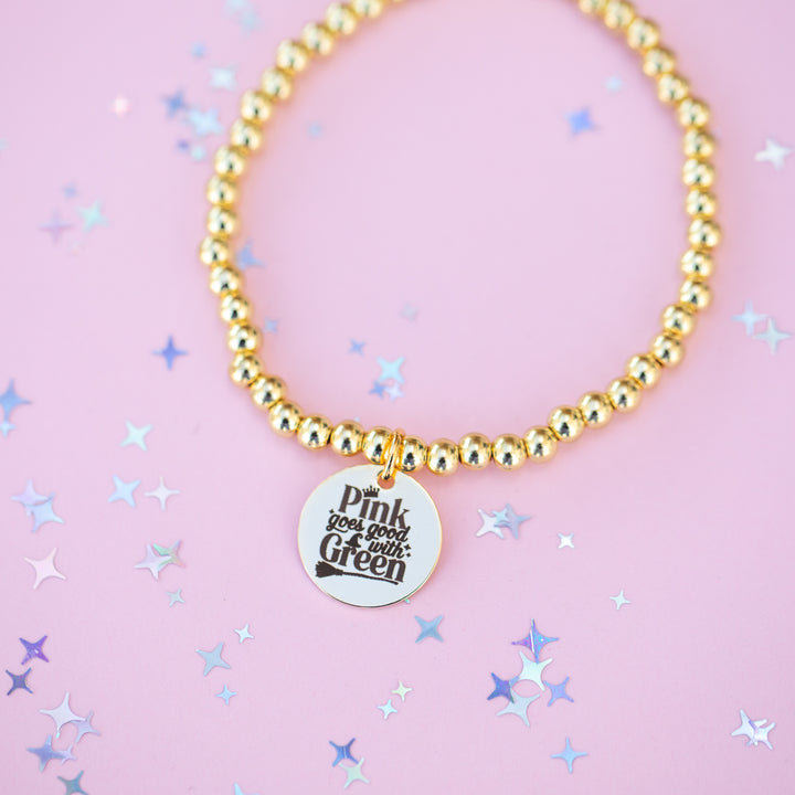 Round Charm Stretch Beaded Bracelet - Choose setting Color (Pink Goes Good with Green)