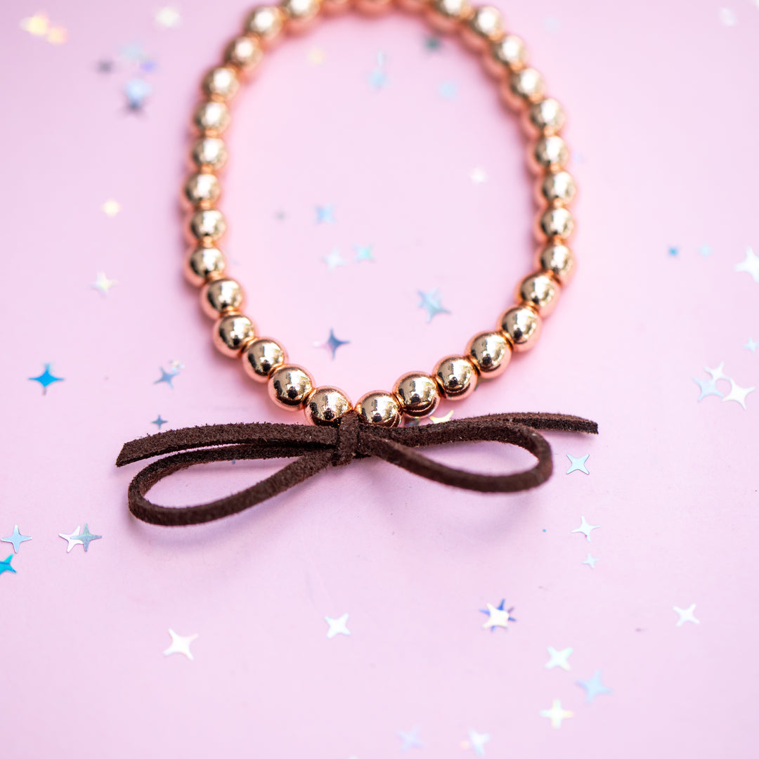 Suede Bow Stretch Beaded Bracelet - Choose setting Color (Chocolate OR Pale Pink)