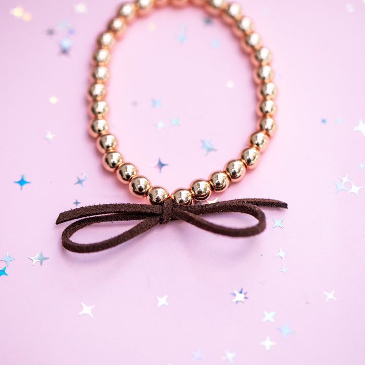 Suede Bow Stretch Beaded Bracelet - Choose setting Color (Chocolate OR Pale Pink)