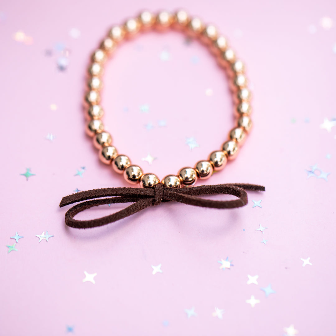 Suede Bow Stretch Beaded Bracelet - Choose setting Color (Chocolate OR Pale Pink)
