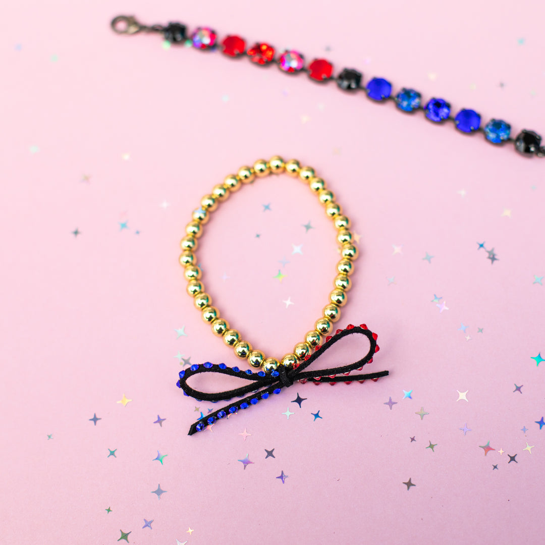 Suede Bow Stretch Beaded Bracelet - Choose setting Color (Galactic Battle)