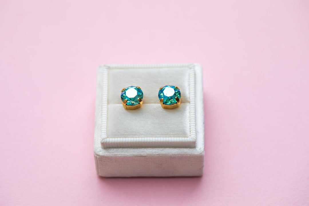 Lt Turquoise Shimmer Earrings -8mm- choose crystal color and setting color