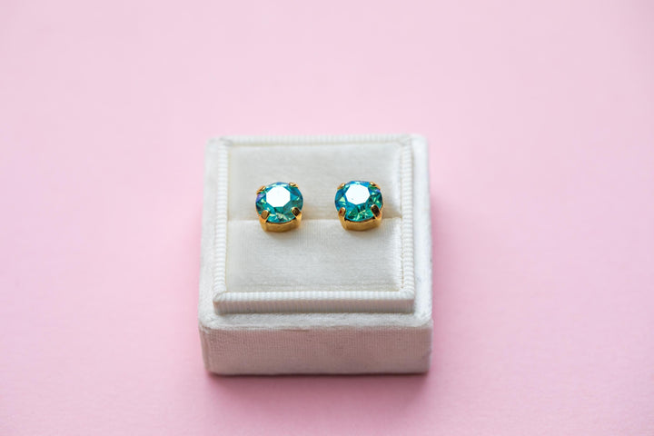 Lt Turquoise Shimmer Earrings -8mm- choose crystal color and setting color