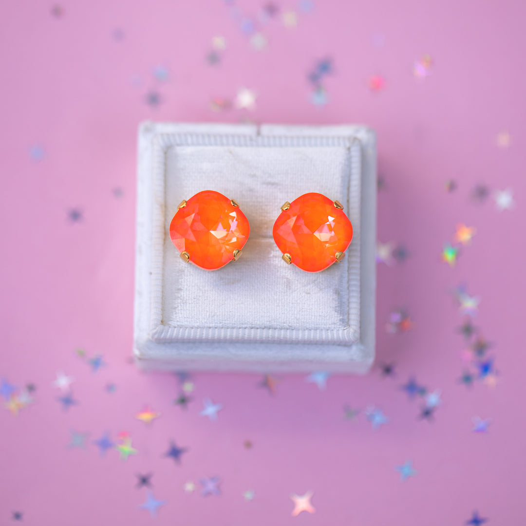 12mm Cushion Cut Earrings (Electric Orange Twinkle)