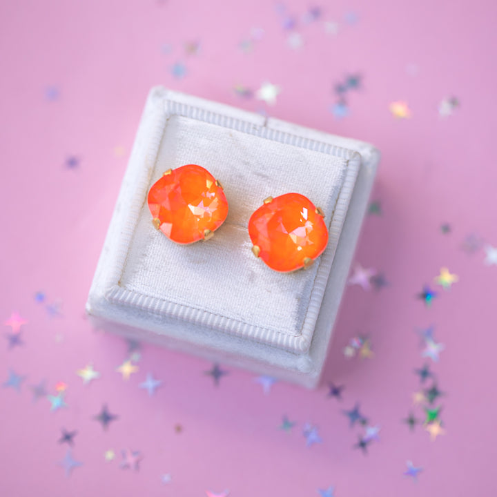 12mm Cushion Cut Earrings (Electric Orange Twinkle)