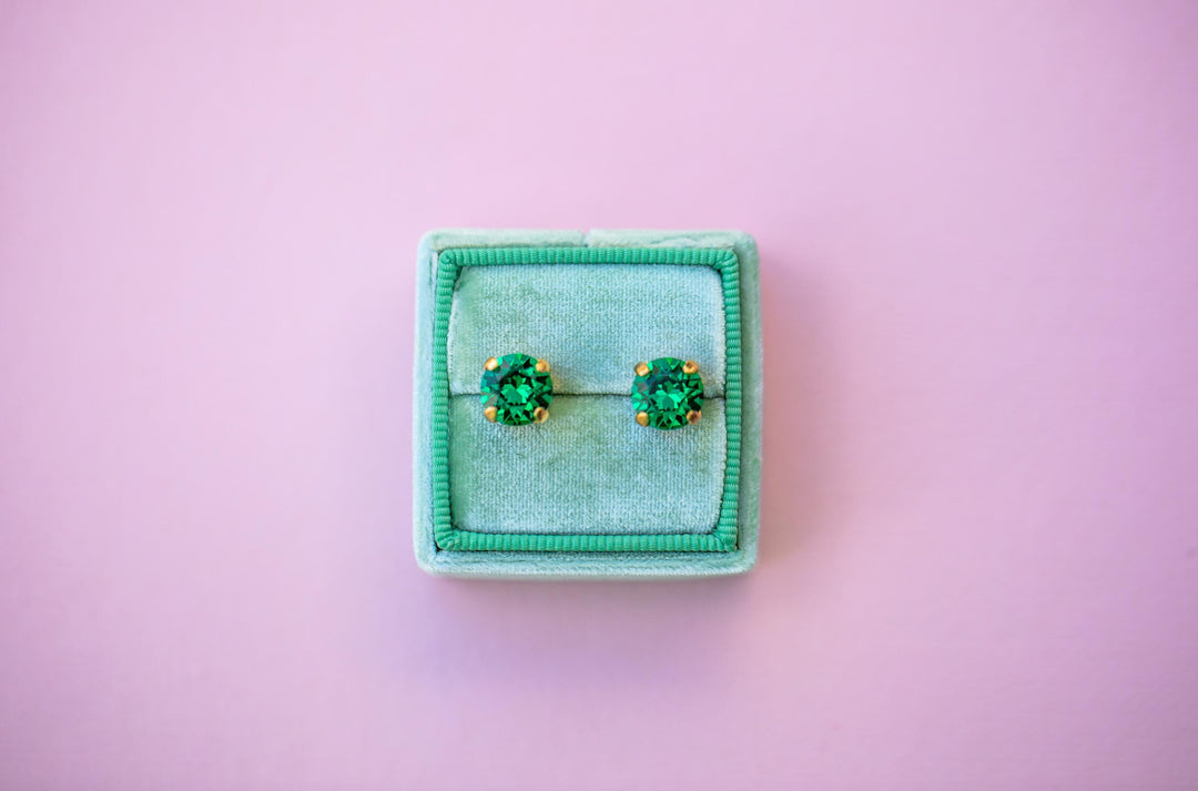 Green Stud Earrings -8mm- choose crystal color and setting color