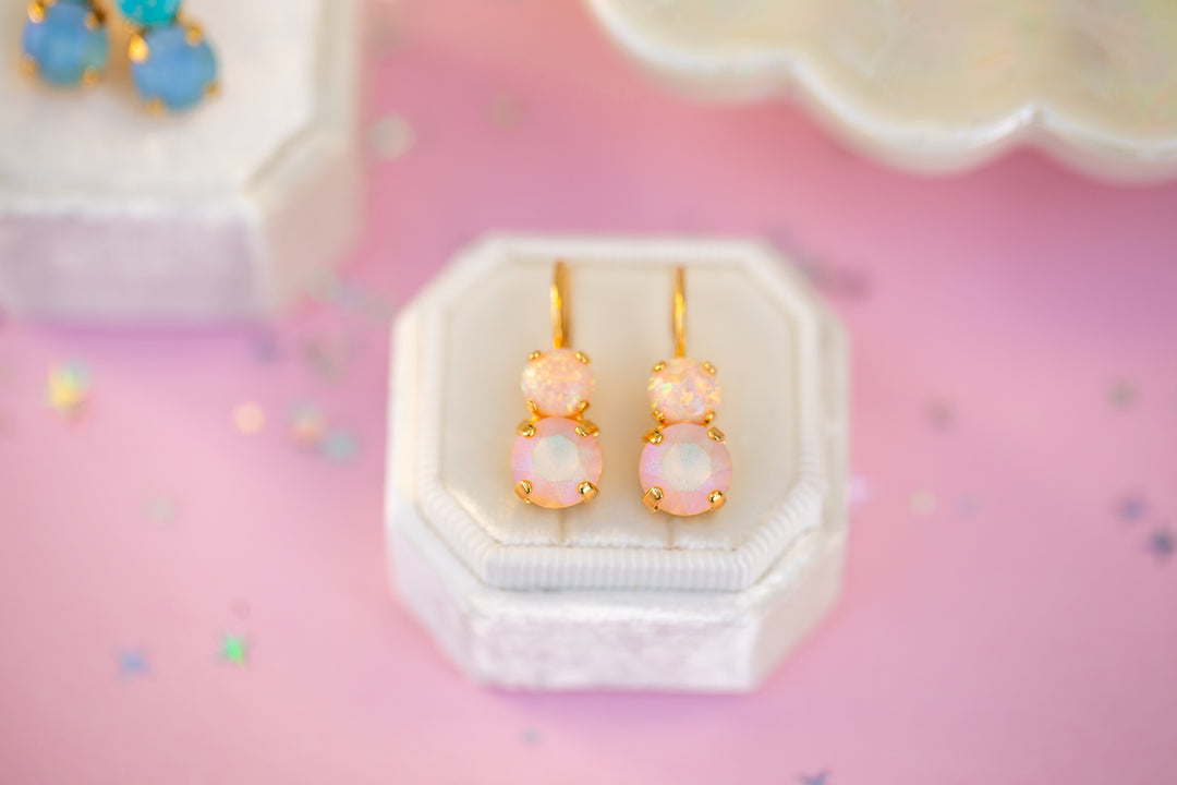 8/6mm Opal Drop Earrings: Imagination Rainbow Apricot Opal and Lt Peach Frost