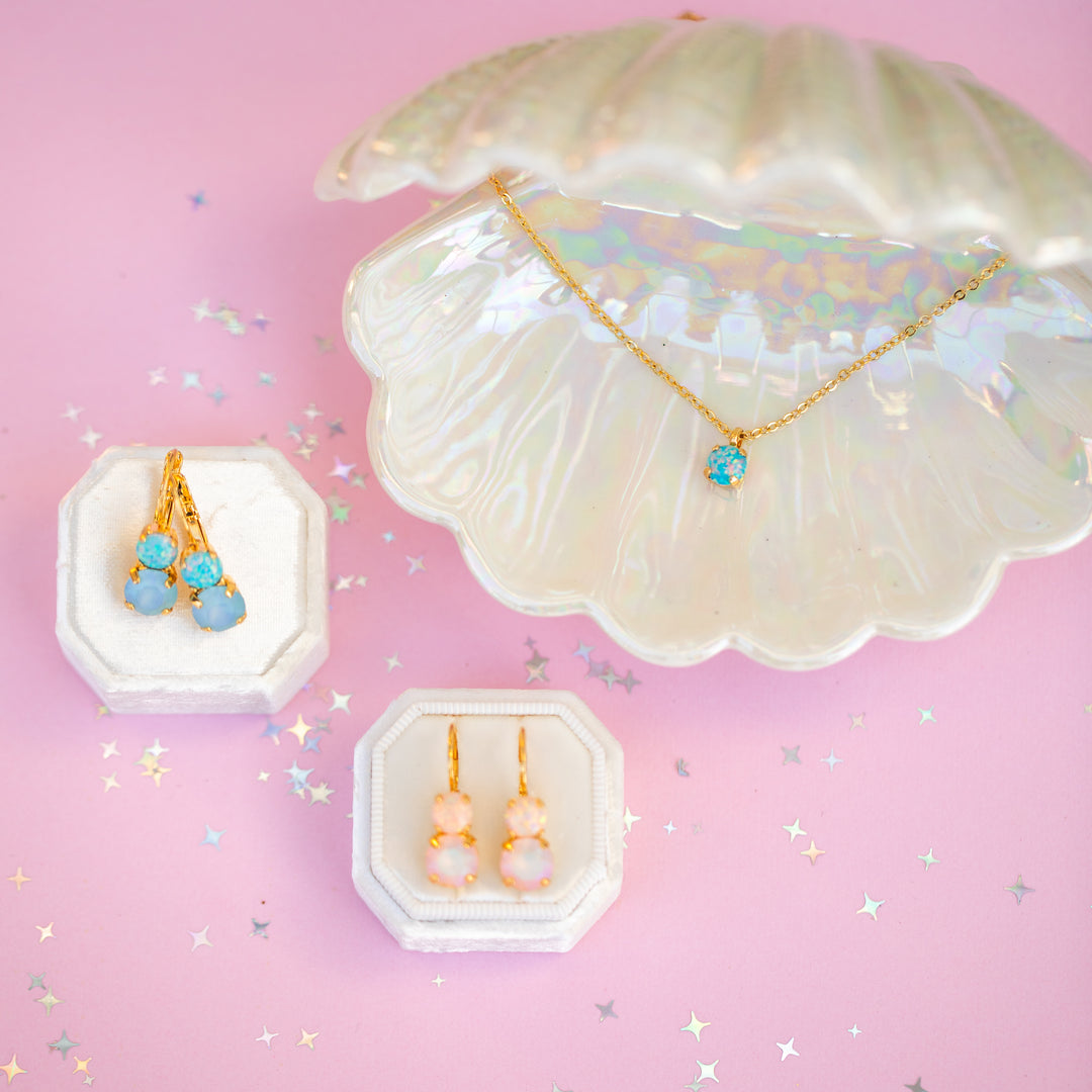 8/6mm Opal Drop Earrings: Imagination Rainbow Apricot Opal and Lt Peach Frost