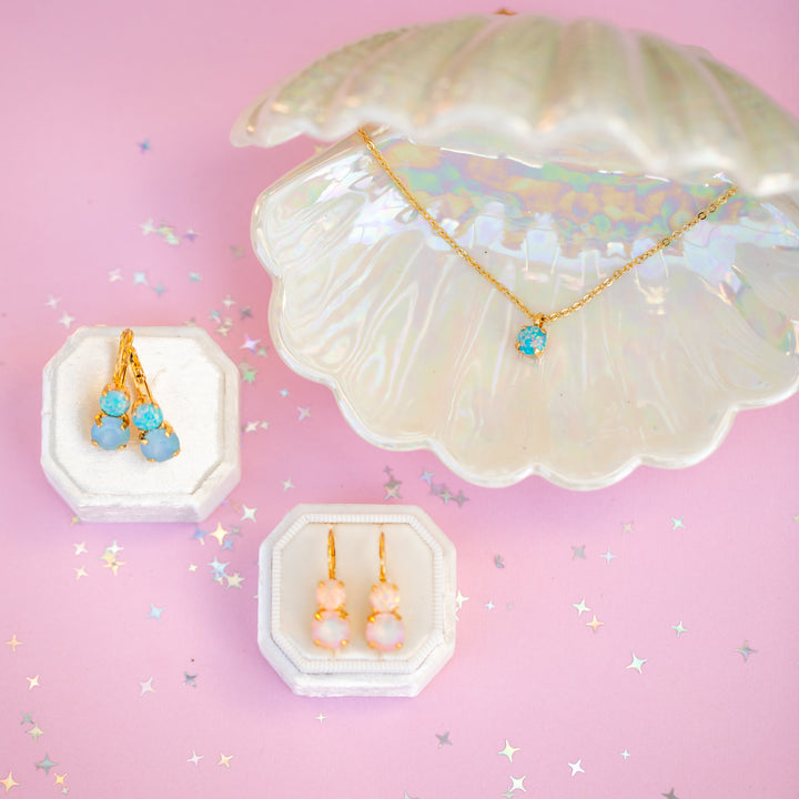 8/6mm Opal Drop Earrings: Imagination Rainbow Apricot Opal and Lt Peach Frost