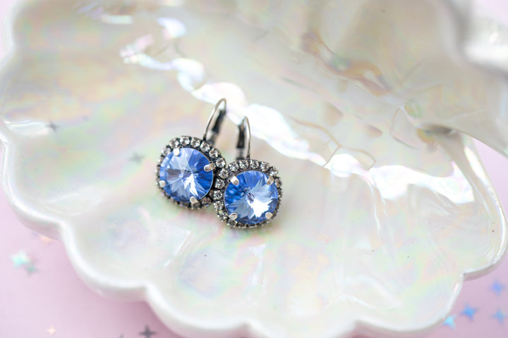 12mm Rivoli Halo Drop Earrings- Light Sapphire
