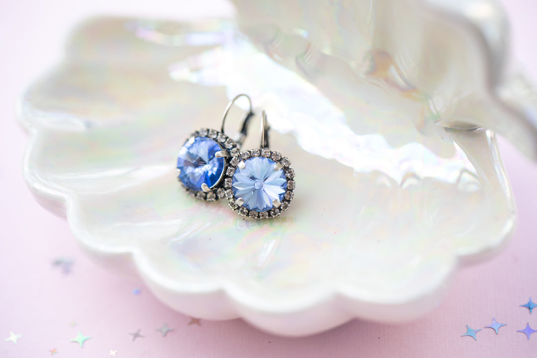 12mm Rivoli Halo Drop Earrings- Light Sapphire
