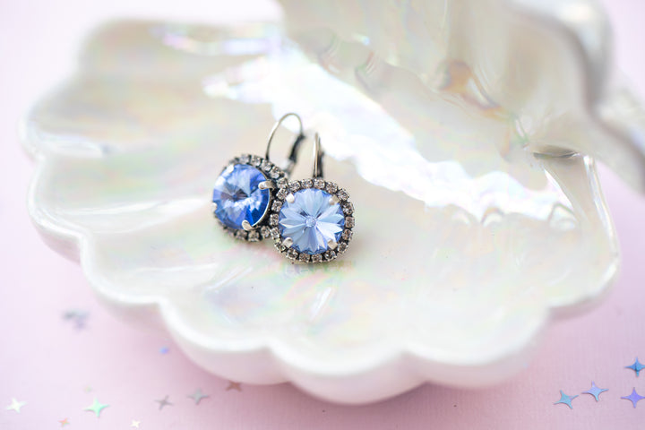 12mm Rivoli Halo Drop Earrings- Light Sapphire