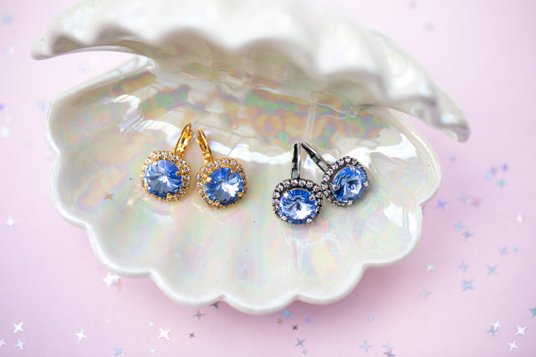 12mm Rivoli Halo Drop Earrings- Light Sapphire