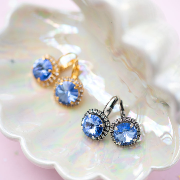 12mm Rivoli Halo Drop Earrings- Light Sapphire