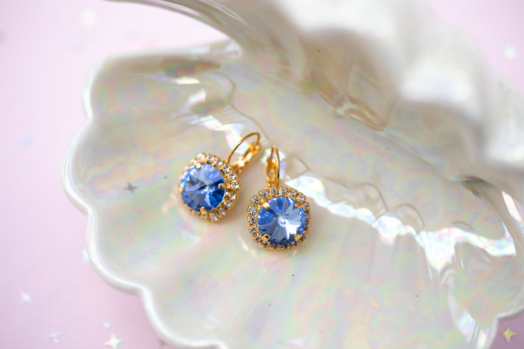 12mm Rivoli Halo Drop Earrings- Light Sapphire