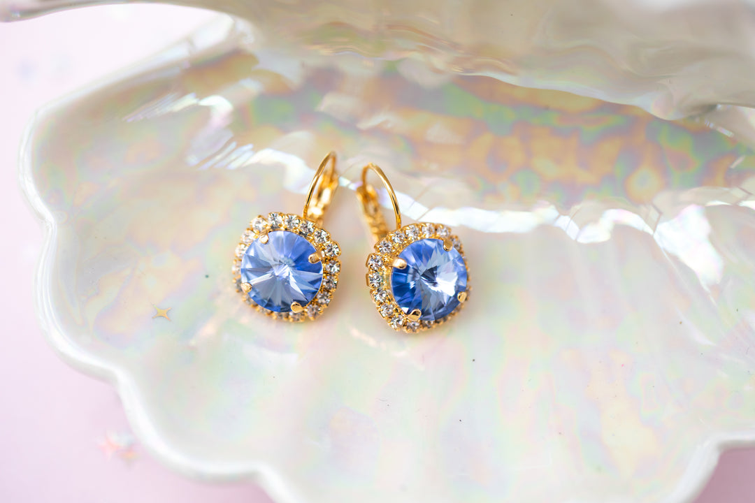 12mm Rivoli Halo Drop Earrings- Light Sapphire