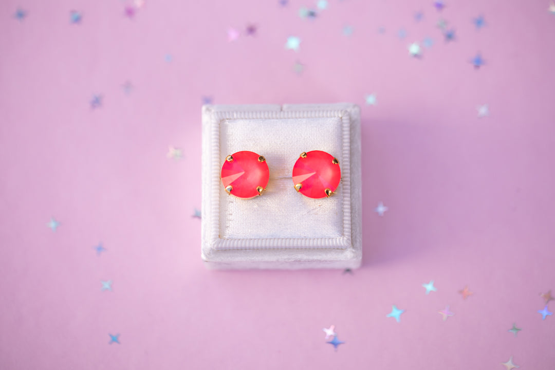 12mm Rivoli Stud OR Drop Earrings- Neon Watermelon Shiny