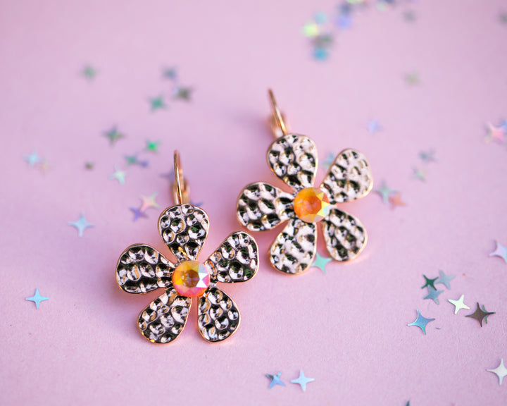6mm Metal Flower Drop Earrings: Choice of crystal color