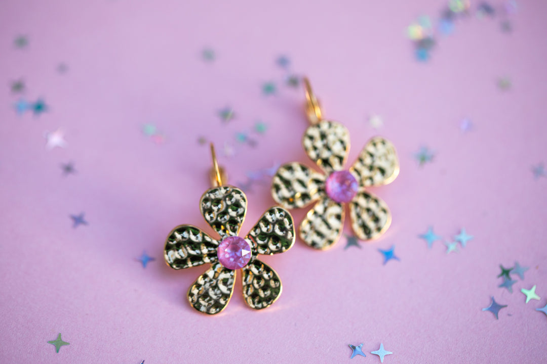 6mm Metal Flower Drop Earrings: Choice of crystal color
