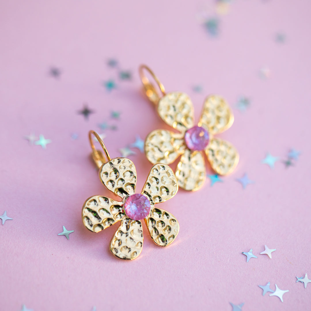 6mm Metal Flower Drop Earrings: Choice of crystal color