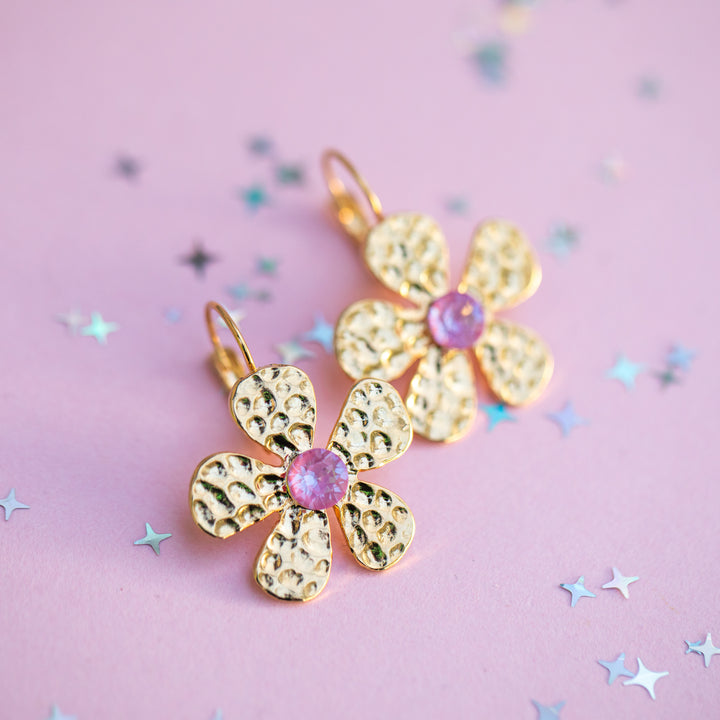 6mm Metal Flower Drop Earrings: Choice of crystal color