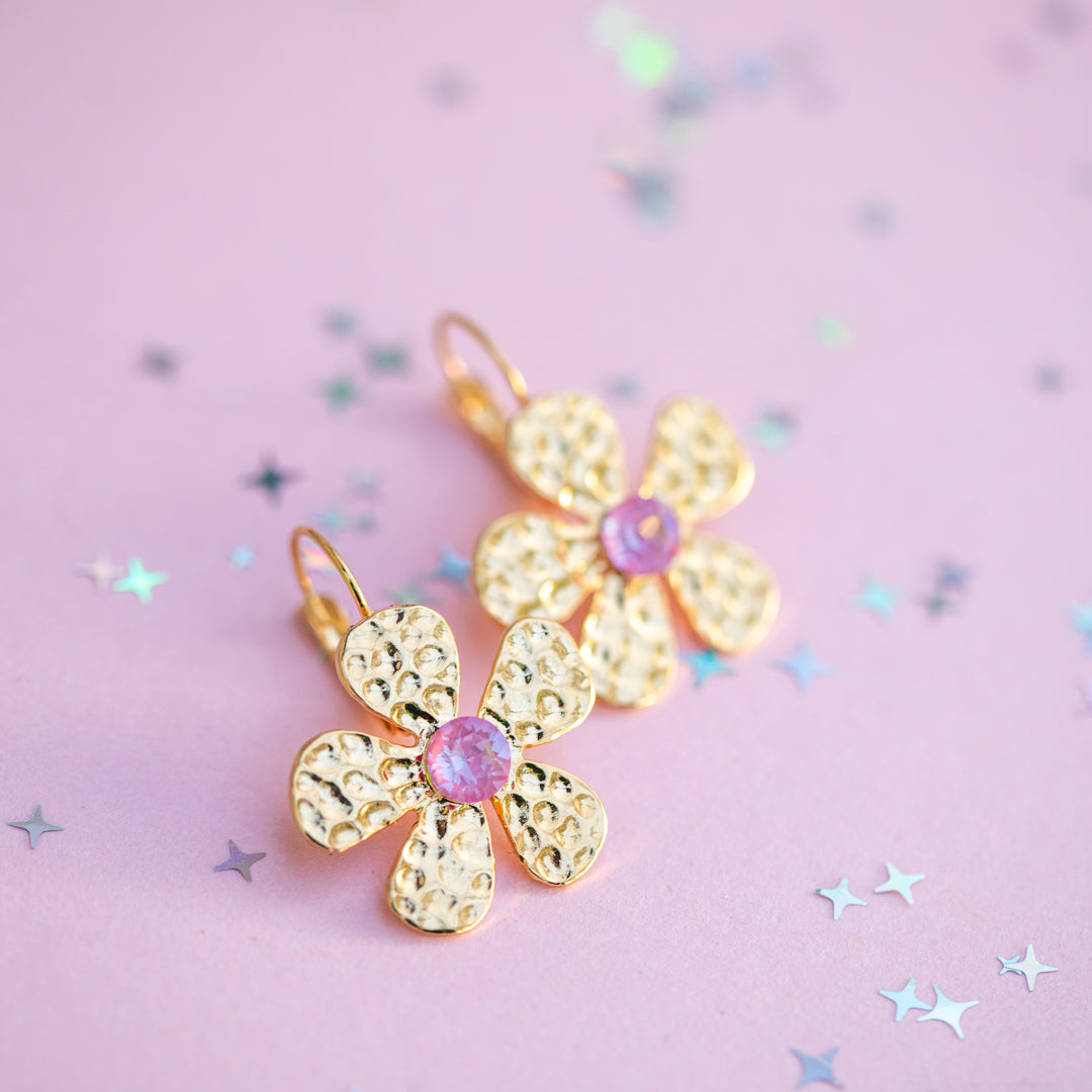 6mm Metal Flower Drop Earrings: Choice of crystal color