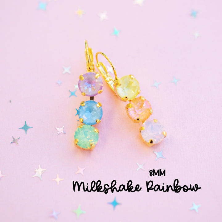 8mm 3 stone Earrings: Milkshake Rainbow